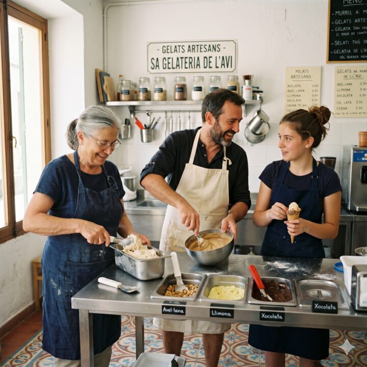 Tres generaciones de la familia Moyà elaborando helado