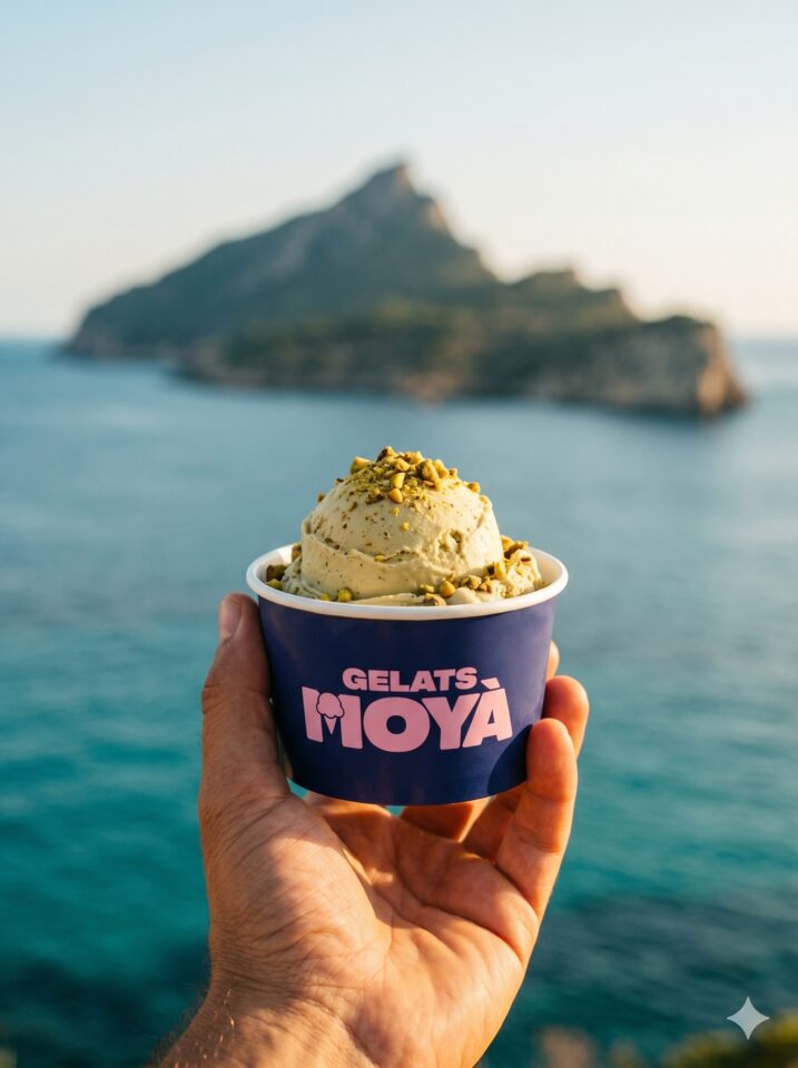Helado artesano de Gelats Moyà con vista al mar de Sant Elm, Mallorca